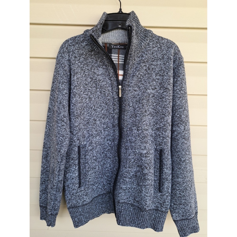 YeoKou Men's Gray Knit Cashmere Wool Blend Fleece Lined  Zip Sweater Jacket S